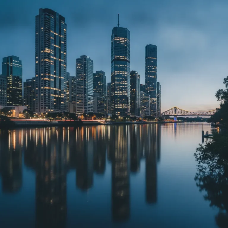 Brisbane CBD skyline and river at blue hour with glowing towers and bridge