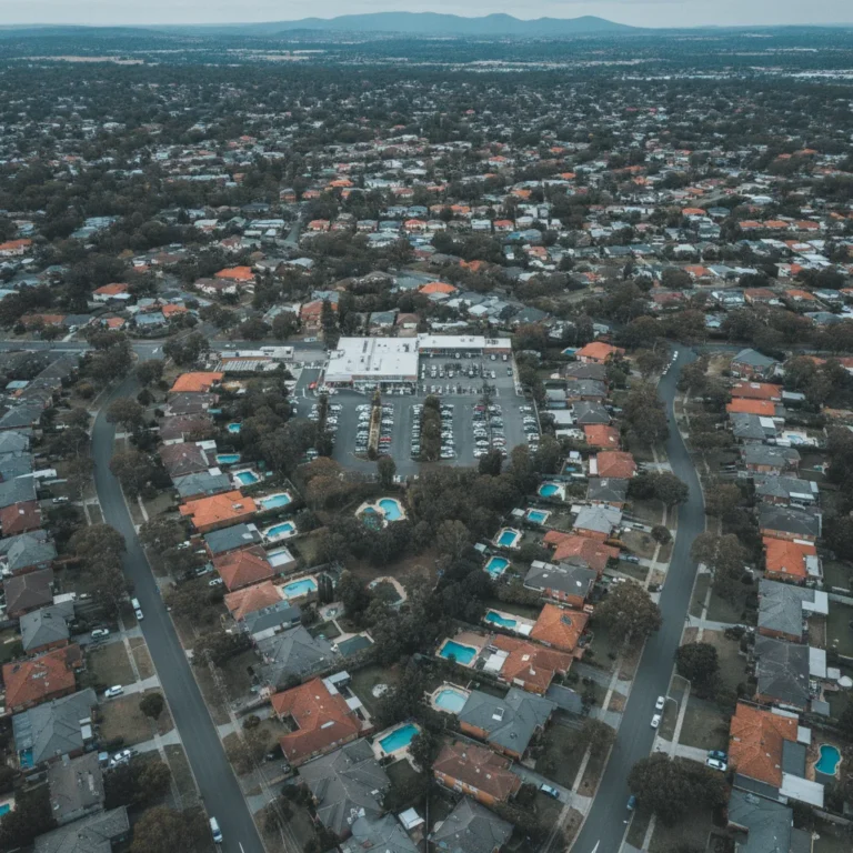 Aerial view of Western Sydney suburban streets, roofs and a small shopping strip under overcast sky