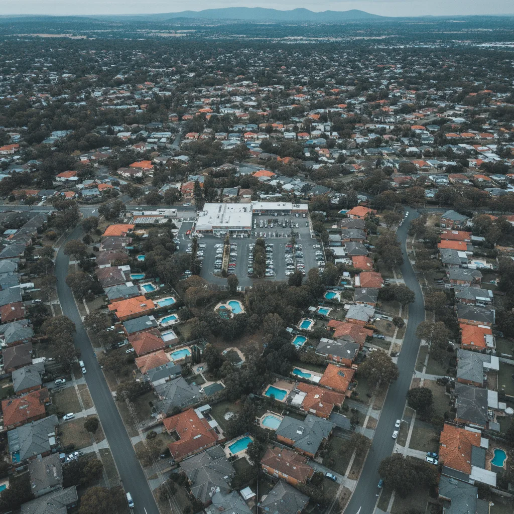 Aerial view of Western Sydney suburban streets, roofs and a small shopping strip under overcast sky