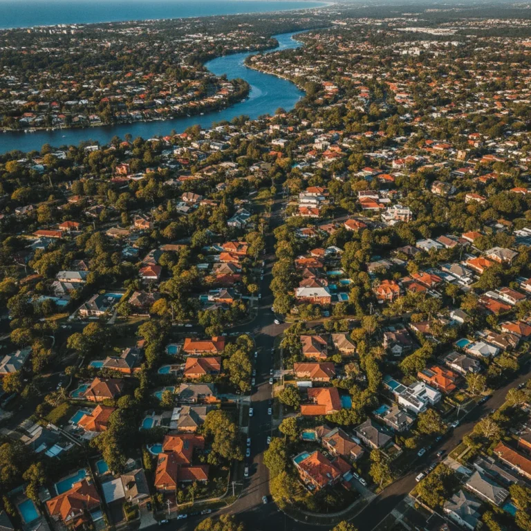 Aerial view of Sutherland Shire suburban streets, rooftops and a river inlet