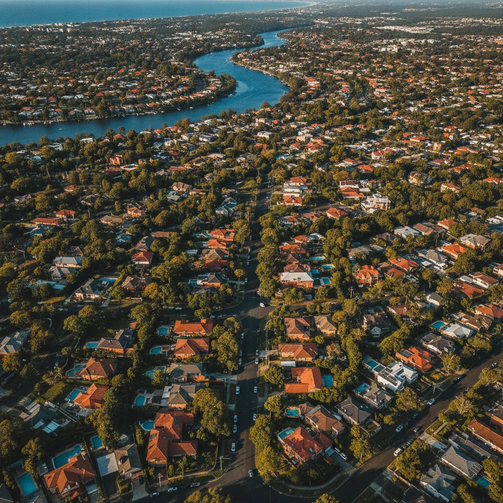 Aerial view of Sutherland Shire suburban streets, rooftops and a river inlet