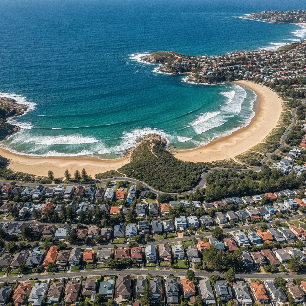 Aerial view of a Northern Beaches surf beach, coastal road and suburban roofs