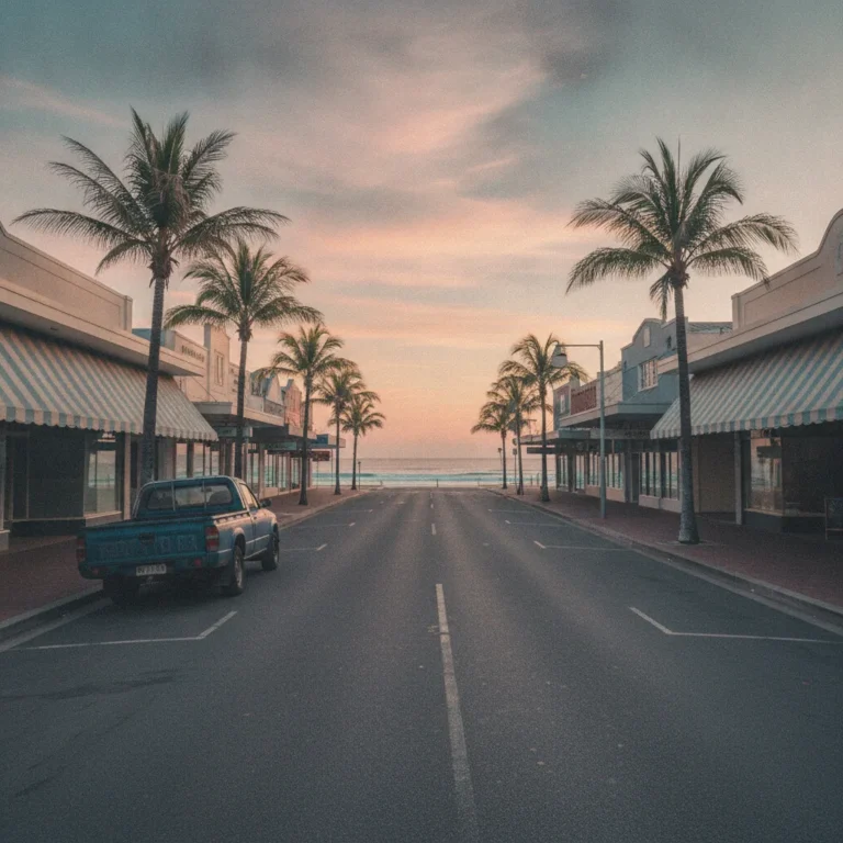 Quiet coastal town street at sunrise with a ute, awnings and palm trees leading to the sea