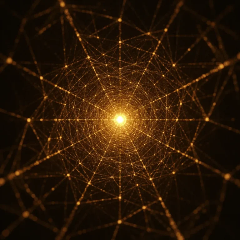 Glowing amber network nodes and lines converge on a bright point against a black background
