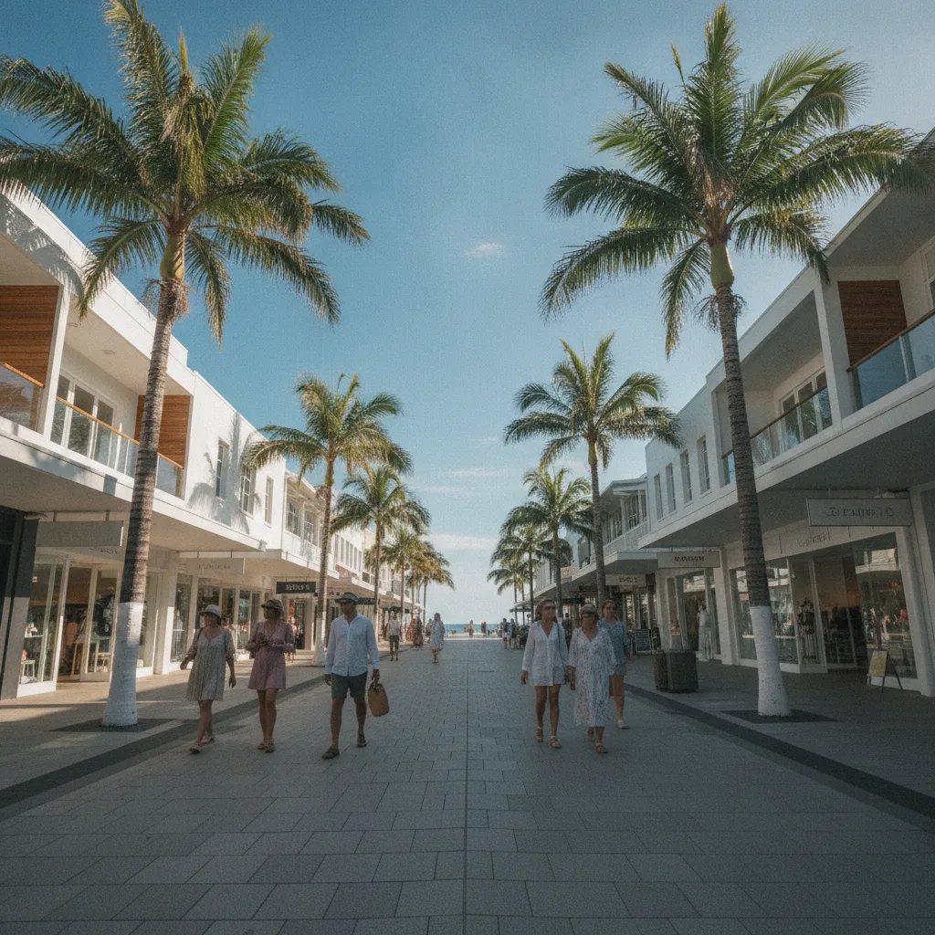 Sunny Noosa shopping street with palm trees, boutiques and people strolling
