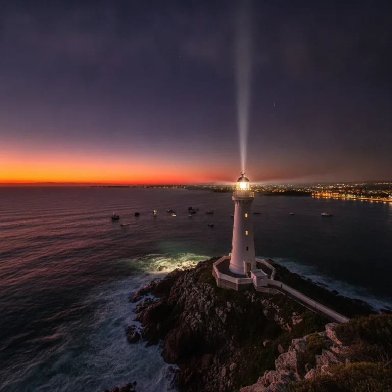 Lighthouse beam sweeping over the sea toward a coastal town at dusk