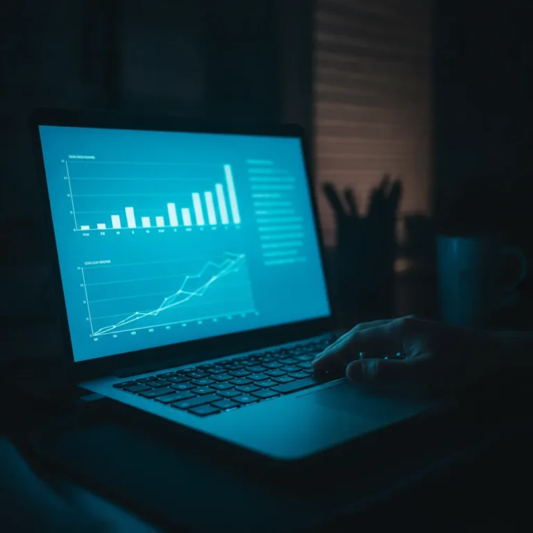 A glowing laptop screen showing blurred charts in a dark room