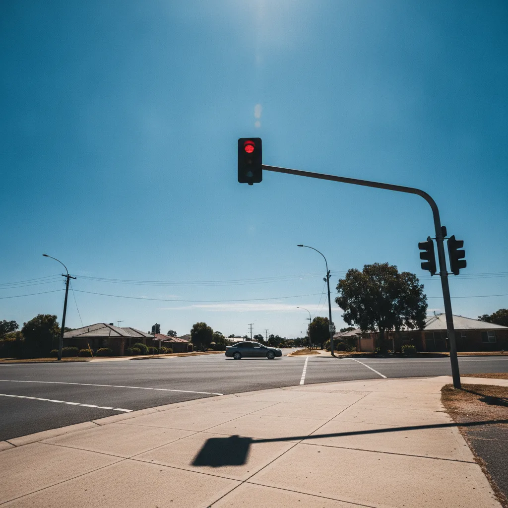 Red traffic light over an empty suburban intersection under a deep blue sky