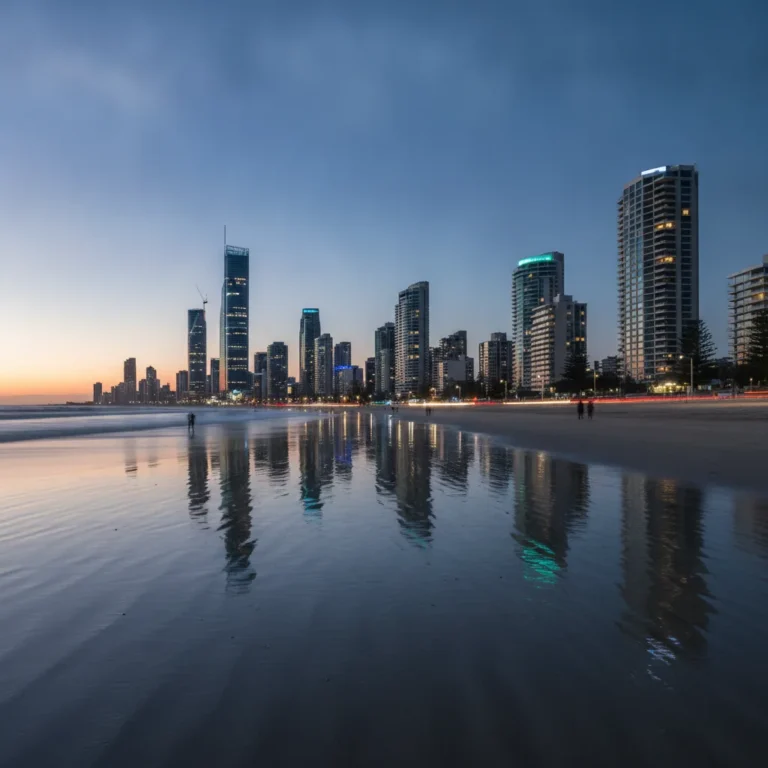 Gold Coast high-rise skyline glowing at blue-hour dusk over a wet beach