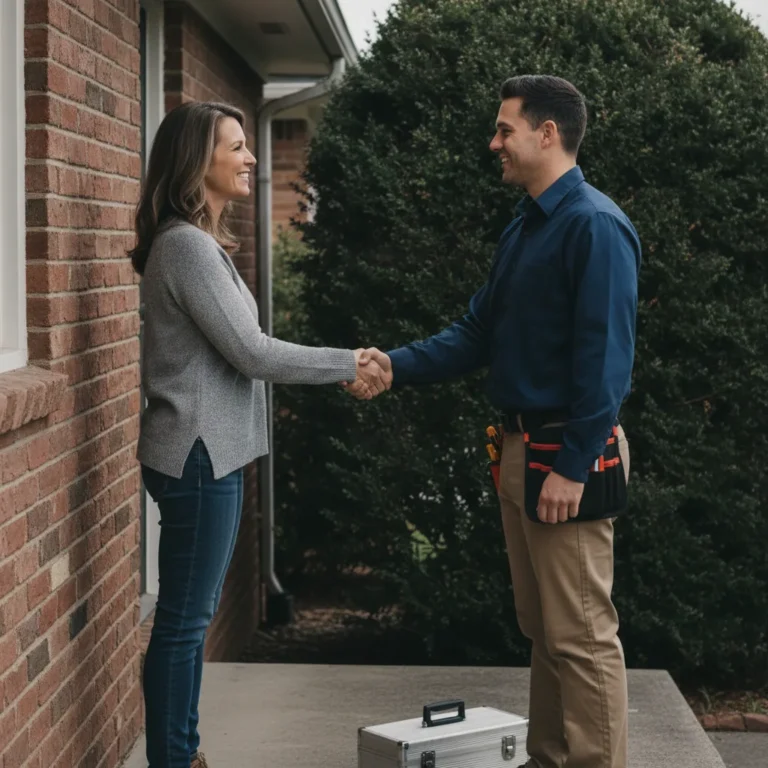 Electrician shaking hands with a homeowner at a front door