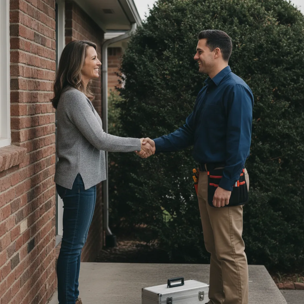 Electrician shaking hands with a homeowner at a front door