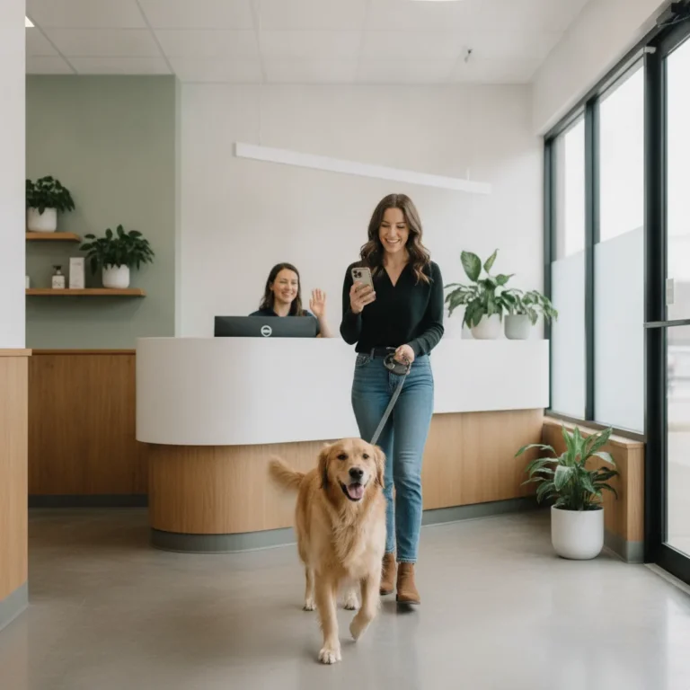 Woman leaving a vet clinic with her dog while checking her phone and smiling