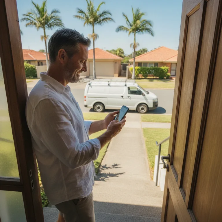Smiling homeowner using a phone on a sunny doorstep as a tradie van drives away
