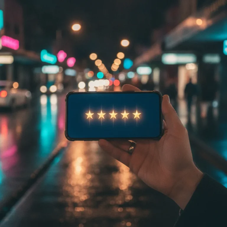 A hand holds a phone showing five glowing stars on a neon-lit suburban shopping strip at night