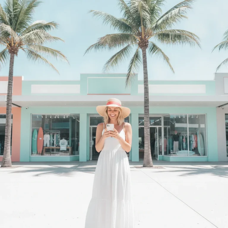 Smiling customer using her phone outside a pastel beachside shop under palm trees