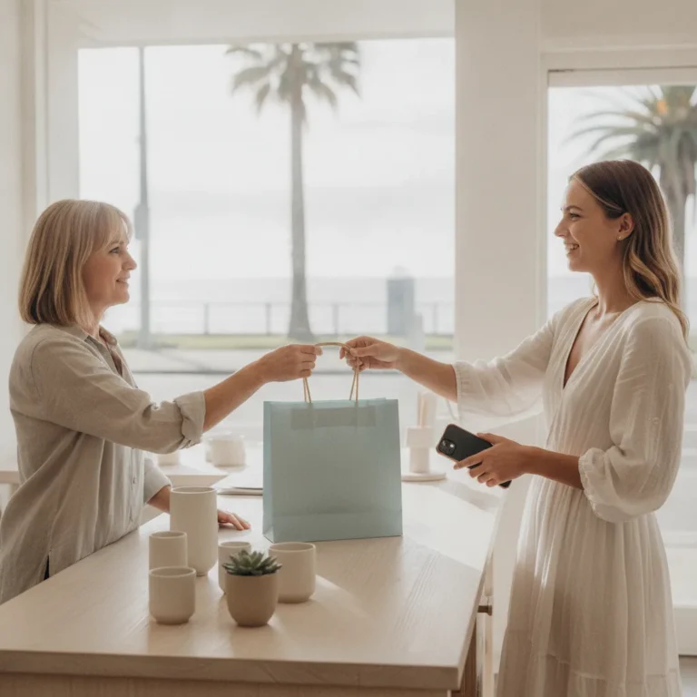 Boutique owner hands a bag to a smiling customer holding a phone at a bayside shop counter