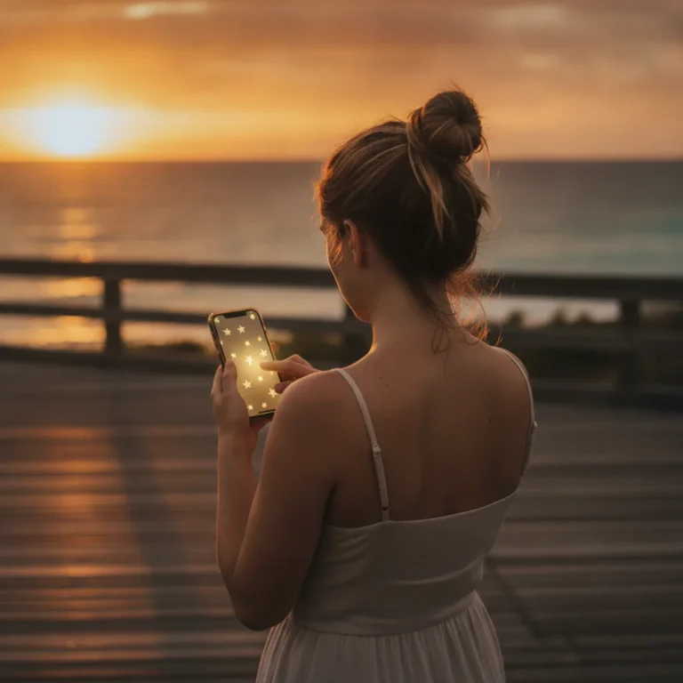 A woman on a Noosa boardwalk at sunset types on her phone