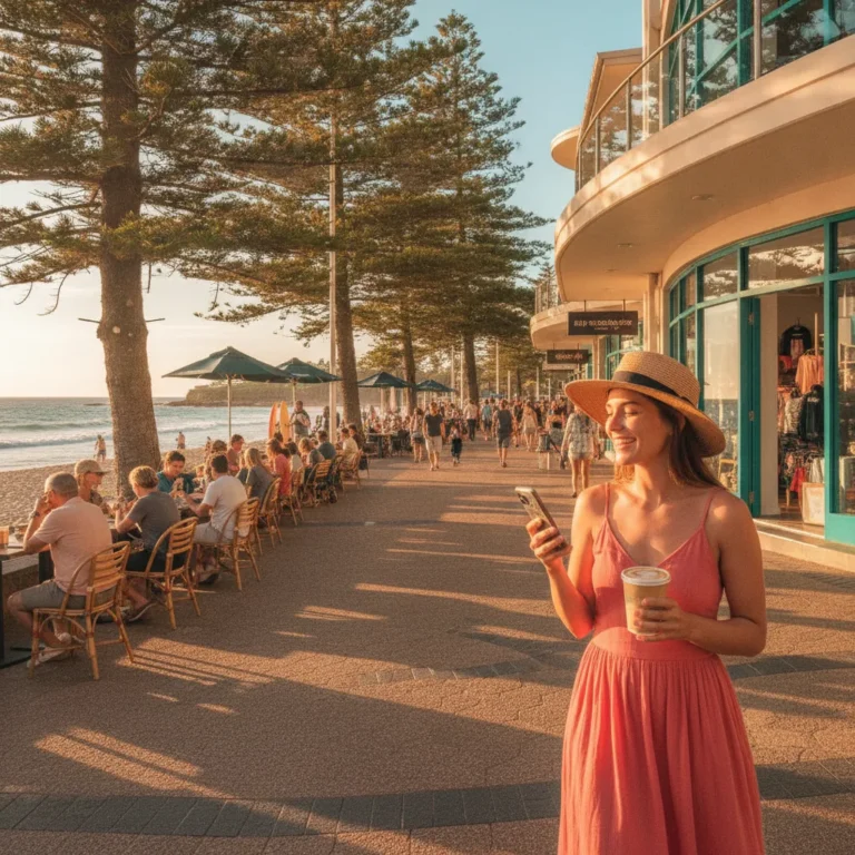Customer checks her phone outside a beachfront cafe on a sunny Sydney seaside promenade