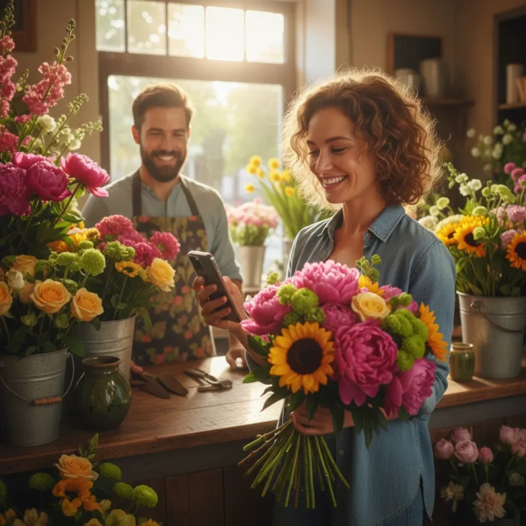 Customer with bouquet using a phone at a florist counter as the owner smiles