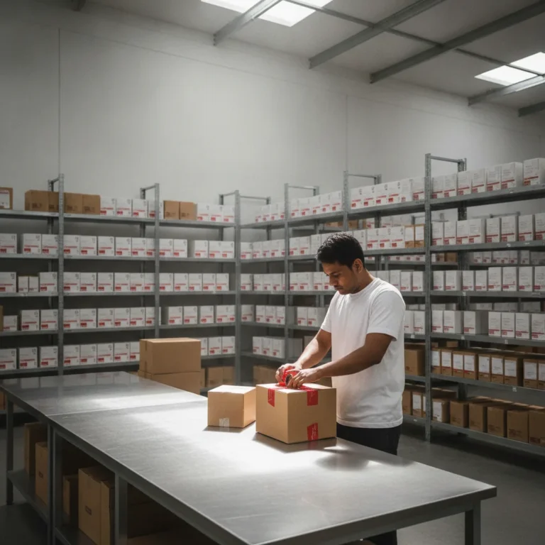 Worker sealing a parcel at a packing bench in front of stocked warehouse shelves