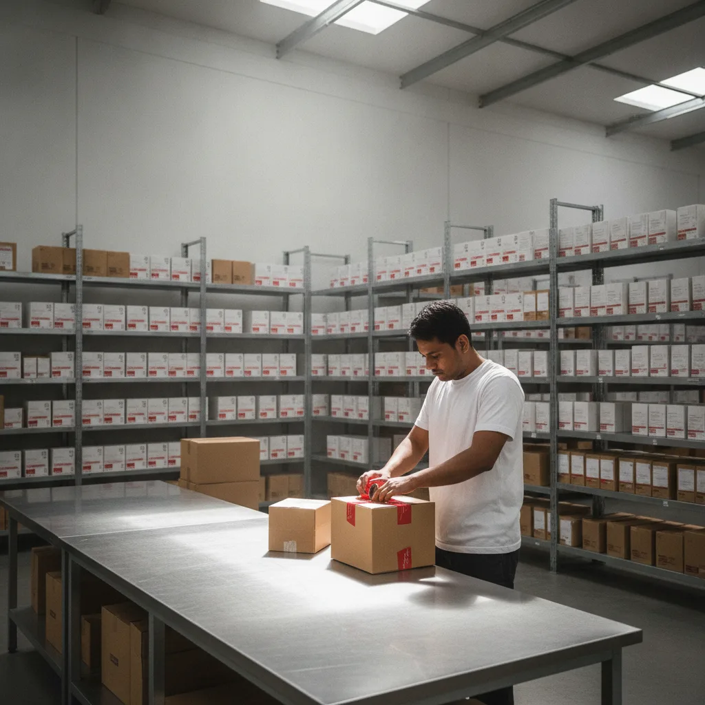 Worker sealing a parcel at a packing bench in front of stocked warehouse shelves