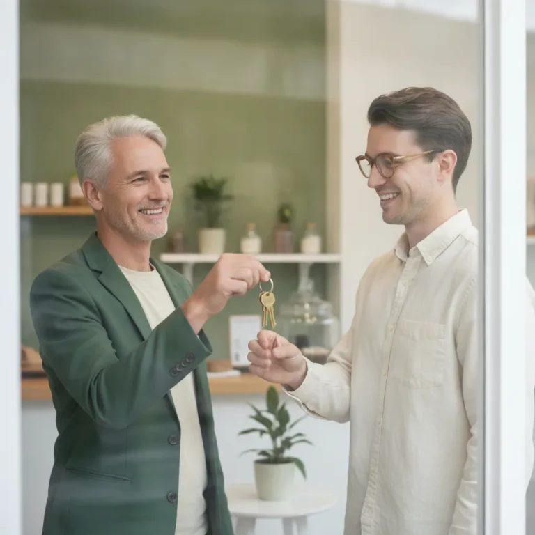 Shop keys handed over between two people at a glass shopfront door in morning light