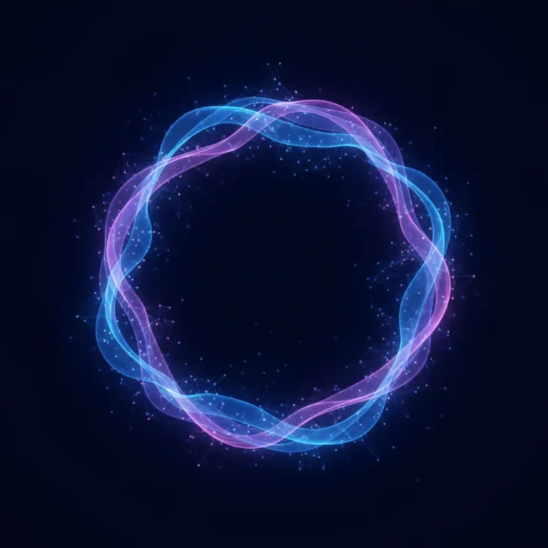 Abstract glowing blue and violet sound waves flowing through a dark space with small light nodes