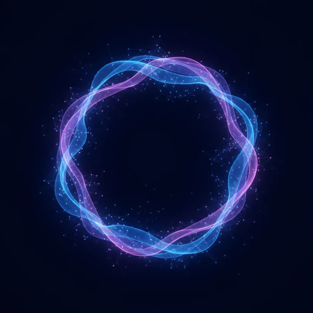 Abstract glowing blue and violet sound waves flowing through a dark space with small light nodes