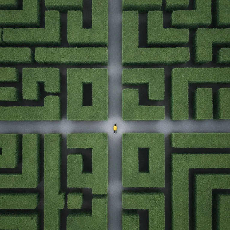 Aerial view of a hedge maze with one person in a yellow jacket at a junction