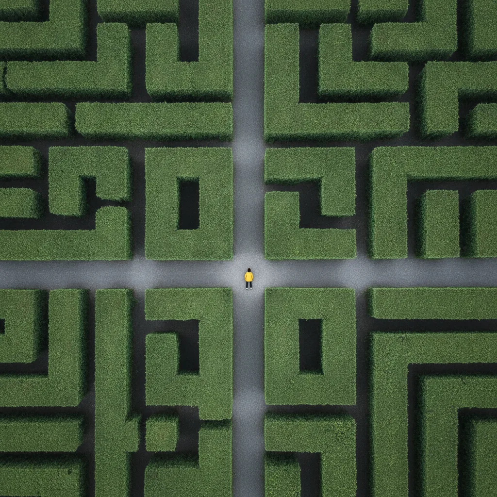 Aerial view of a hedge maze with one person in a yellow jacket at a junction