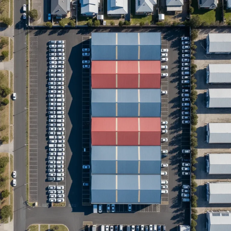 Aerial view of an Australian industrial estate with vans, utes and warehouse roofs in strong sunlight