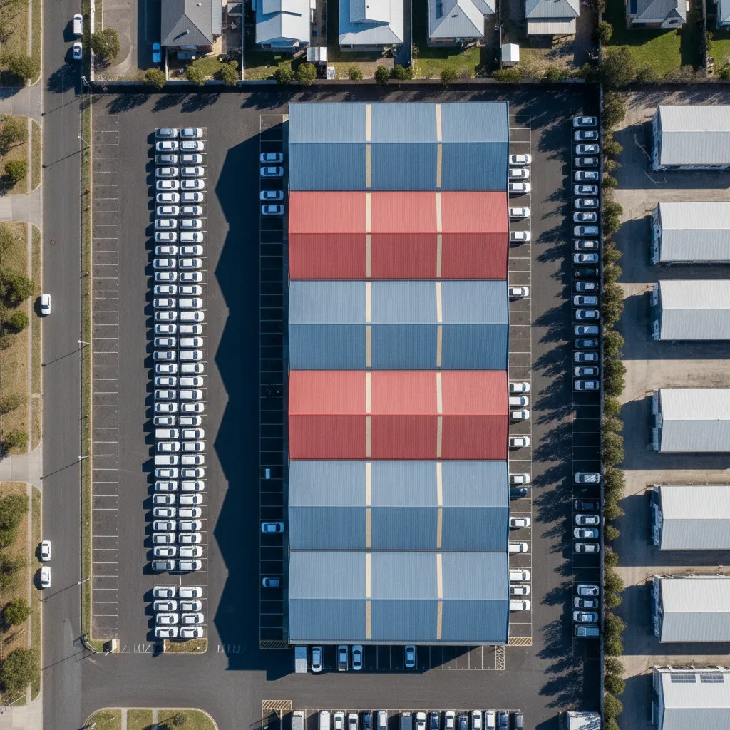 Aerial view of an Australian industrial estate with vans, utes and warehouse roofs in strong sunlight