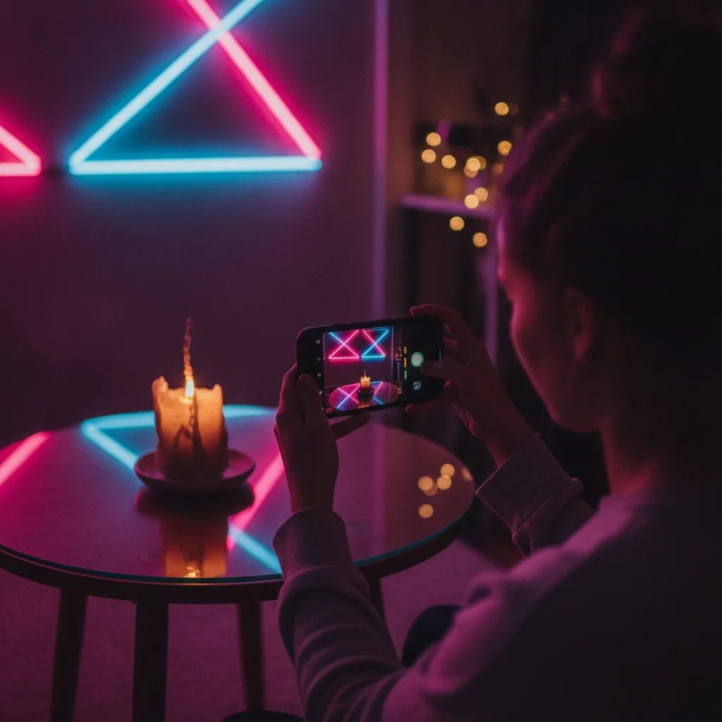 Creator filming a handmade candle with a phone under pink and blue neon light