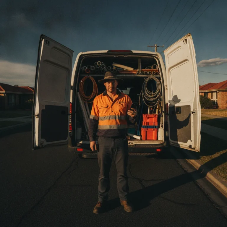 Plumber in hi-vis checking his phone beside a white work van on a suburban street