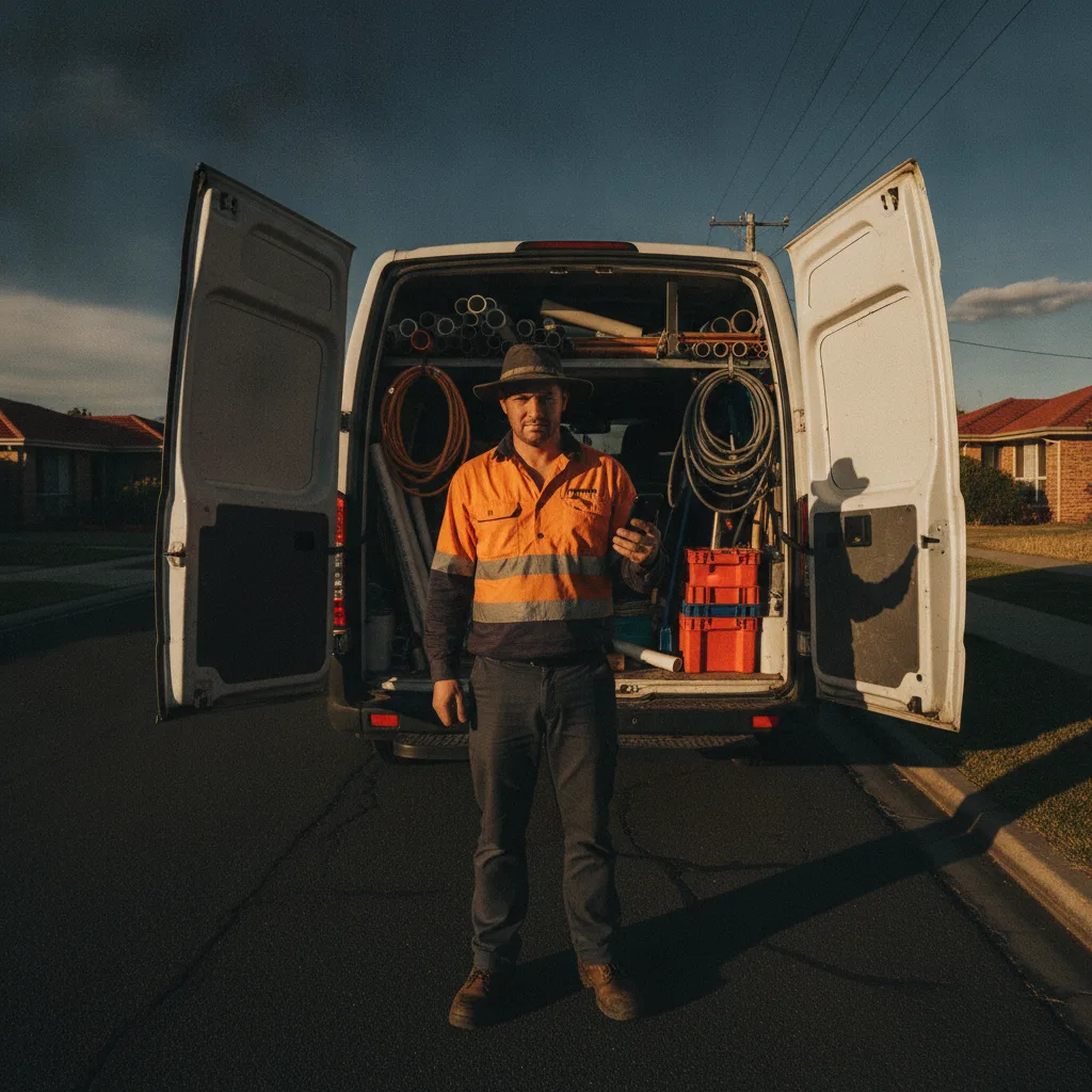 Plumber in hi-vis checking his phone beside a white work van on a suburban street
