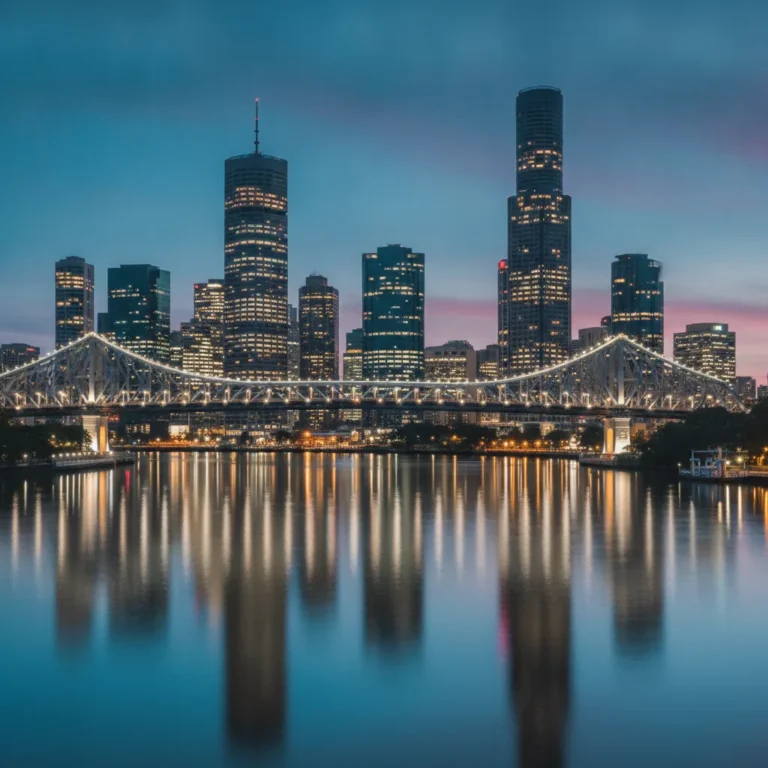 Brisbane city skyline and river reflecting lights at blue dusk