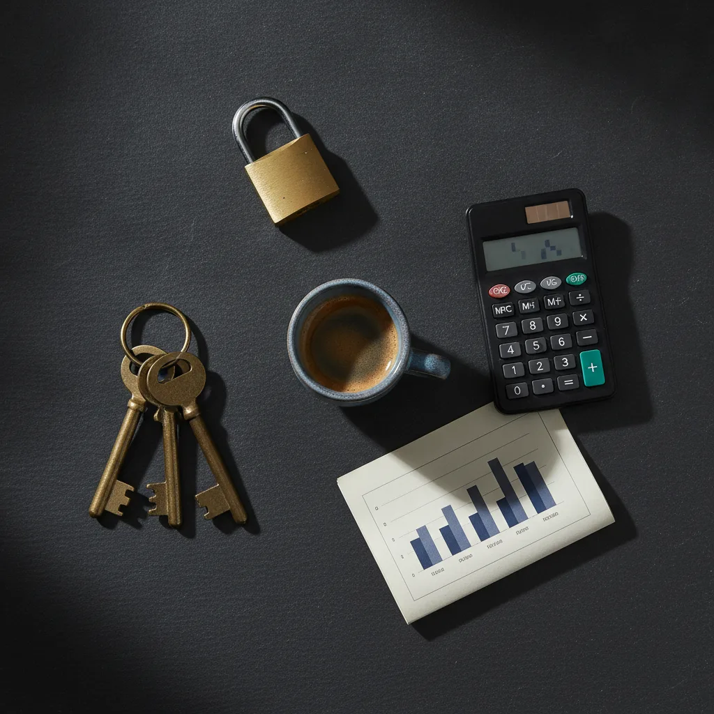 Overhead view of shop keys, a calculator, a printed chart and a padlock on dark slate