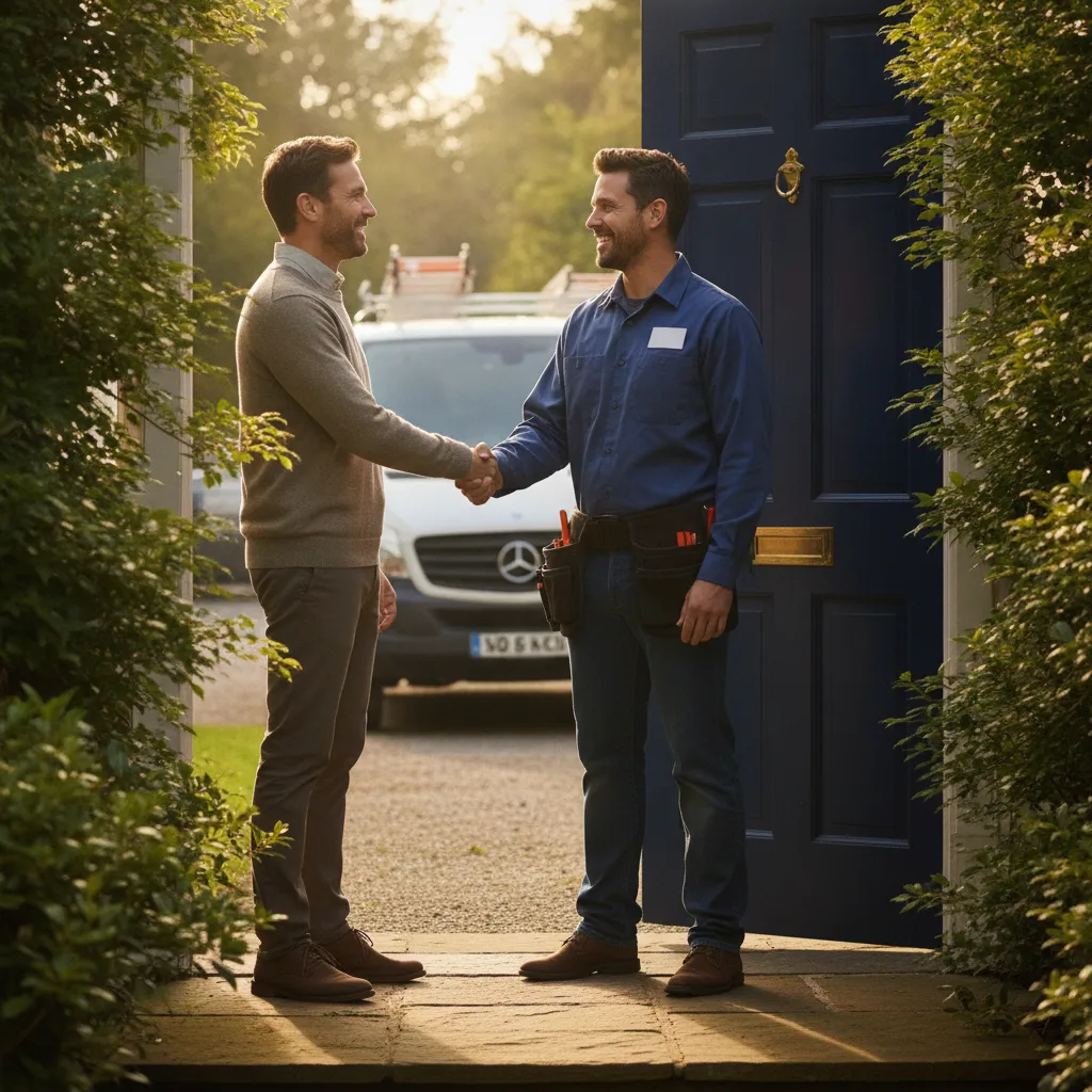 A tradie shakes hands with a smiling homeowner at a blue front door in soft afternoon light