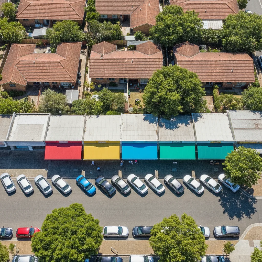 Aerial view of a sunny suburban shopping strip with parked cars and shoppers walking in