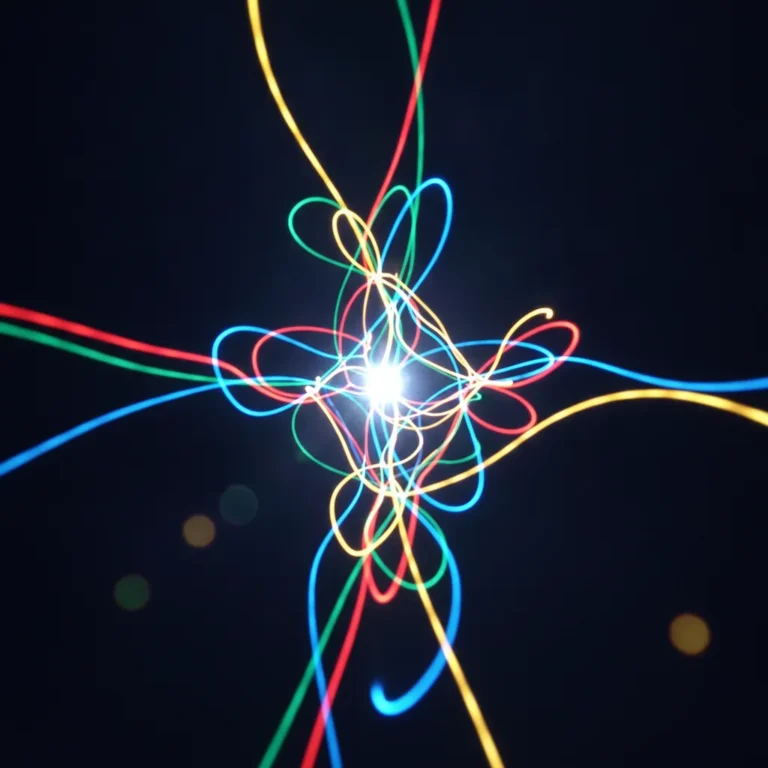Abstract glowing multicoloured light trails converging on a bright central point