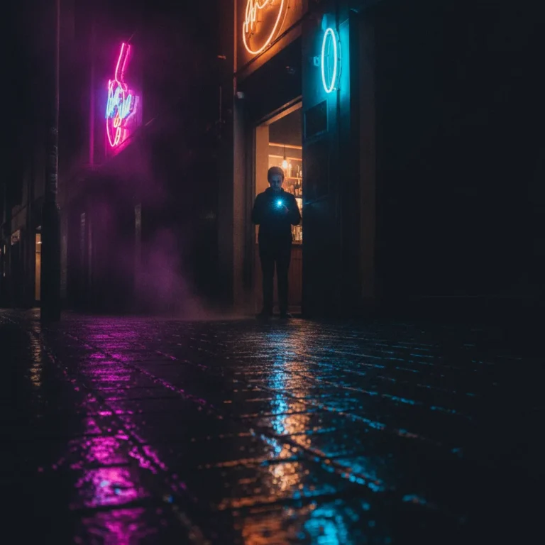 Rainy Melbourne laneway at night with neon reflections and a person holding a phone