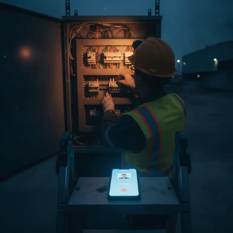 Electrician working in a switchboard while a ringing phone lights up on a ladder