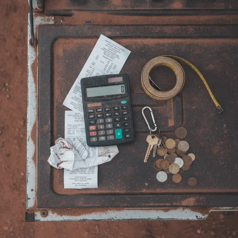 Top-down view of a calculator, tape measure, keys and receipts on a dusty ute tailgate