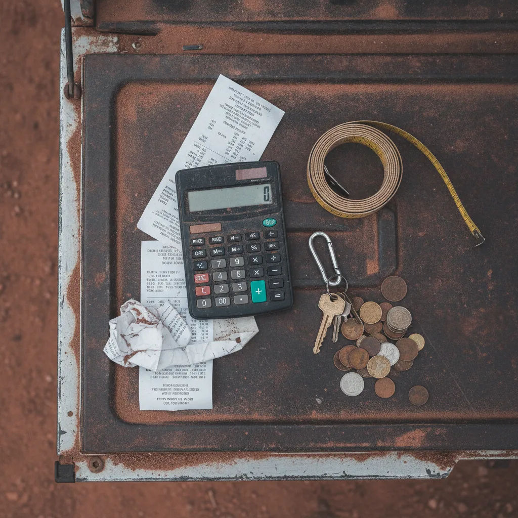 Top-down view of a calculator, tape measure, keys and receipts on a dusty ute tailgate