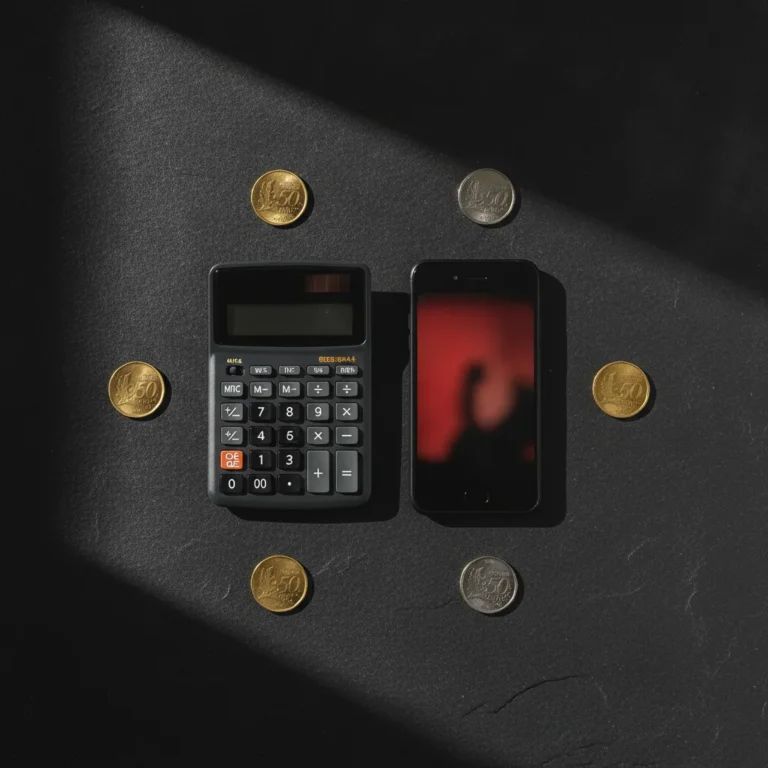 A calculator, glowing phone and coins arranged on a dark slate bench