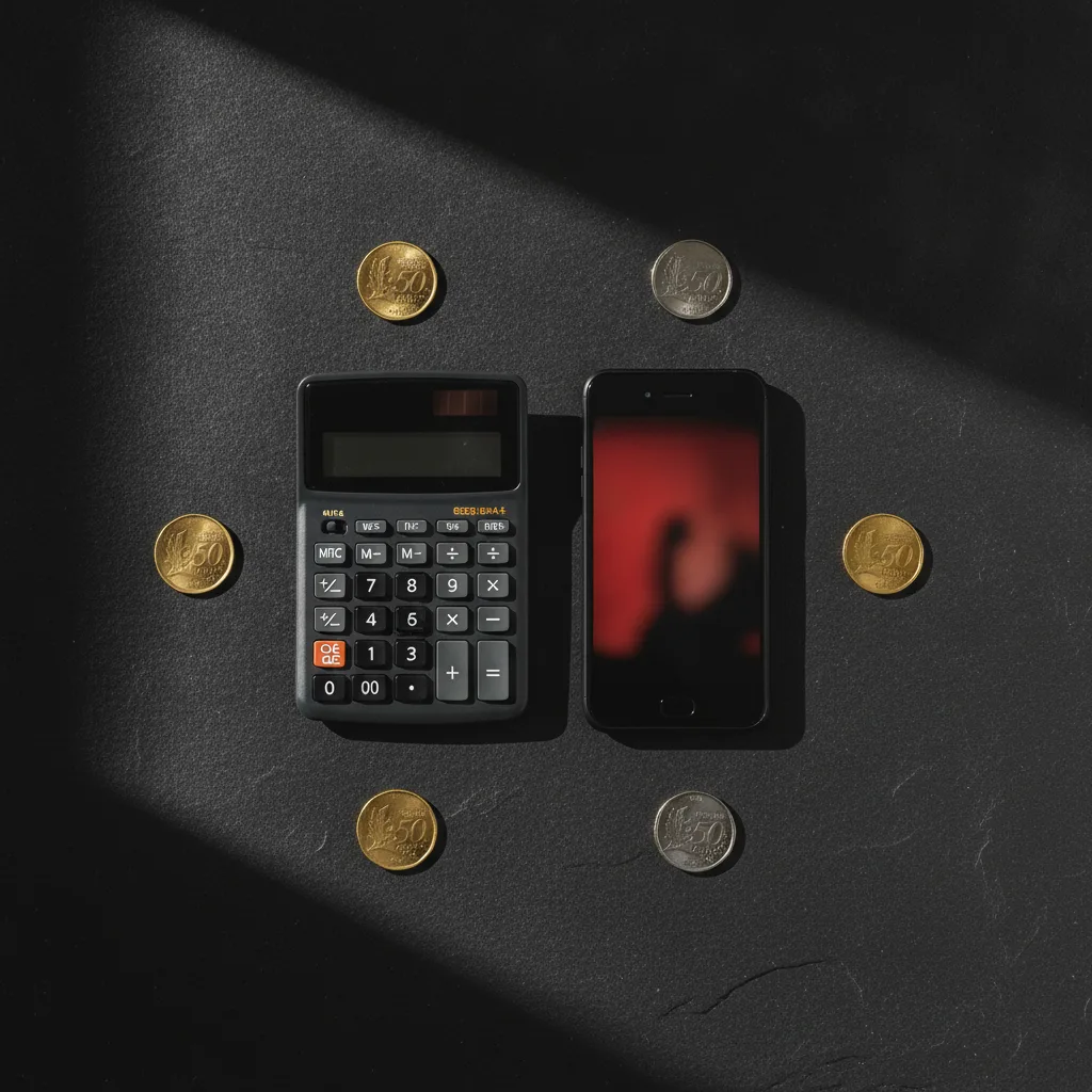 A calculator, glowing phone and coins arranged on a dark slate bench