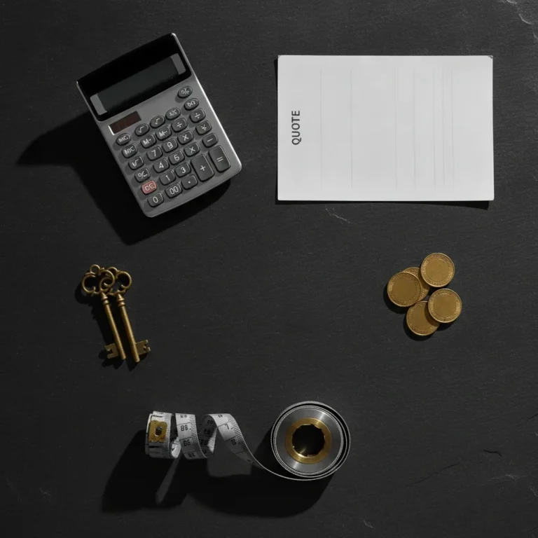 Calculator, blank quote sheet, keys, coins and tape measure on a dark slate surface seen from above