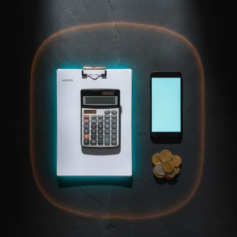 Flat-lay of a calculator, blank invoices, phone and coins on a dark slate surface