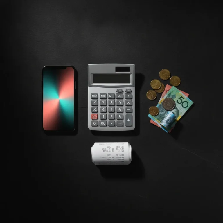 Flat-lay of calculator, phone, coins and receipts on dark slate