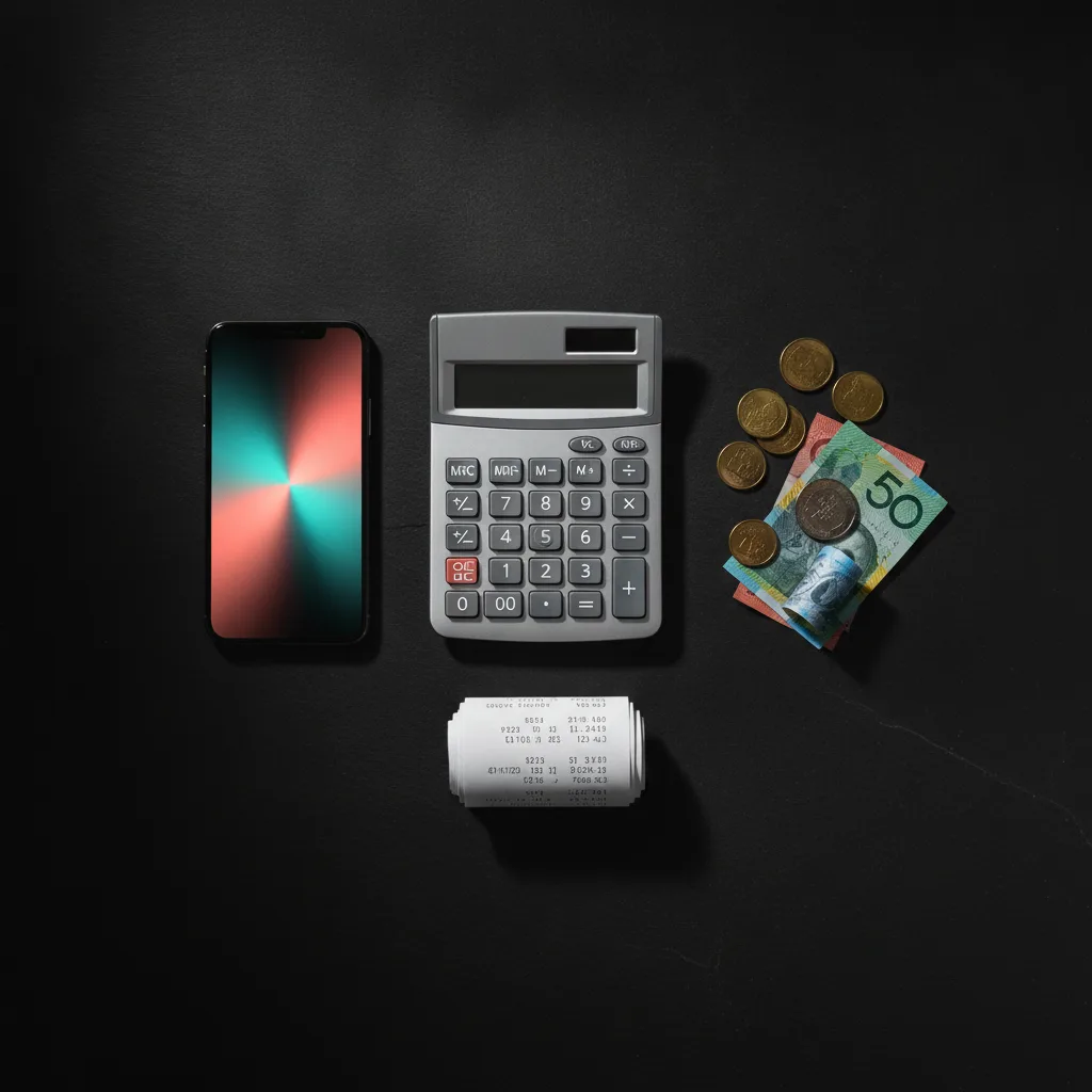 Flat-lay of calculator, phone, coins and receipts on dark slate
